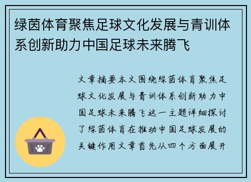 绿茵体育聚焦足球文化发展与青训体系创新助力中国足球未来腾飞