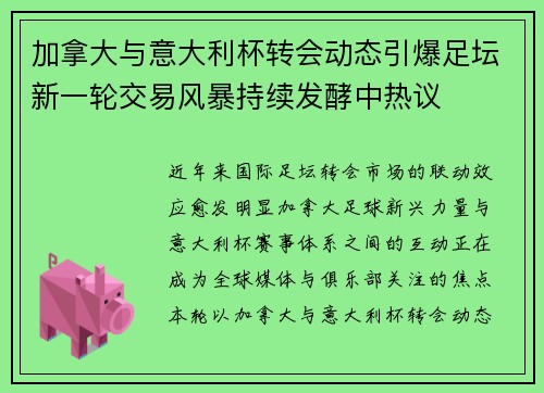 加拿大与意大利杯转会动态引爆足坛新一轮交易风暴持续发酵中热议