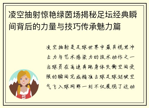 凌空抽射惊艳绿茵场揭秘足坛经典瞬间背后的力量与技巧传承魅力篇