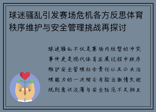 球迷骚乱引发赛场危机各方反思体育秩序维护与安全管理挑战再探讨