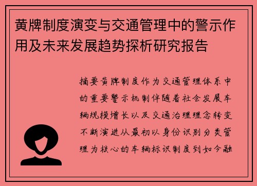 黄牌制度演变与交通管理中的警示作用及未来发展趋势探析研究报告